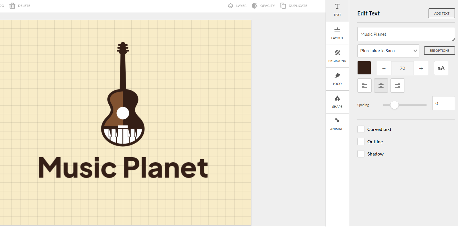 A screenshot of the Brandcrowd logo maker, with an example logo for the brand 'Music Planet'
