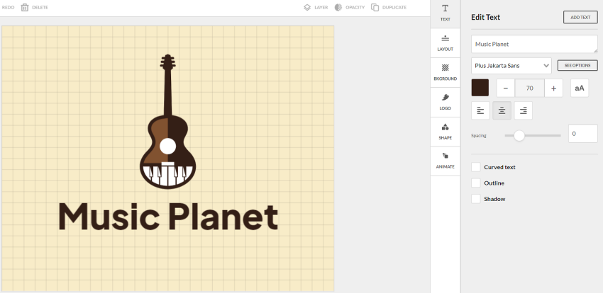 A screenshot of the Brandcrowd logo maker, with an example logo for the brand 'Music Planet'