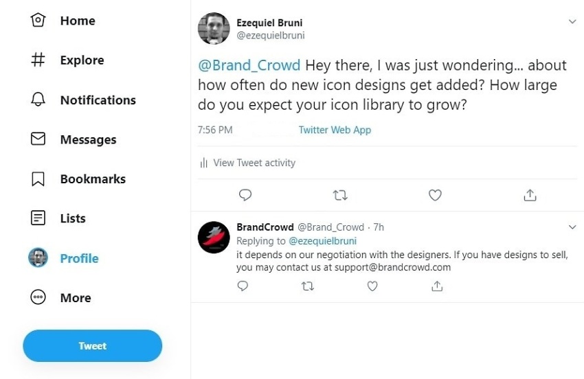 A screenshot of a Twitter conversation between a Website Planet reviewer and a Brandcrowd customer support agent