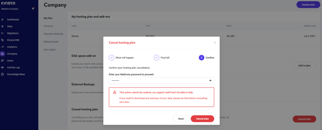 Kinsta cancelation popup 3