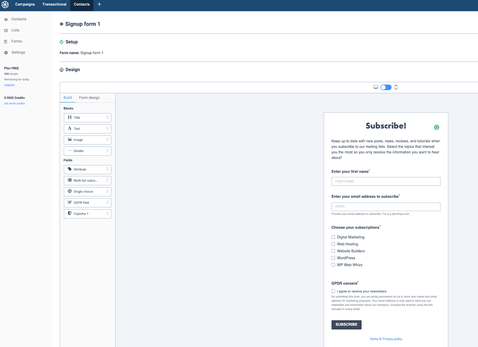 Sendinblue online form builder