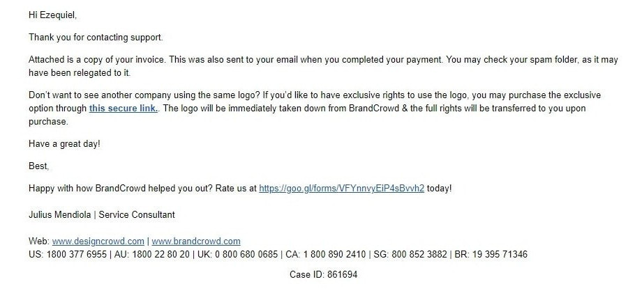 A screenshot of a reply from a BrandCrowd's customer service agent
