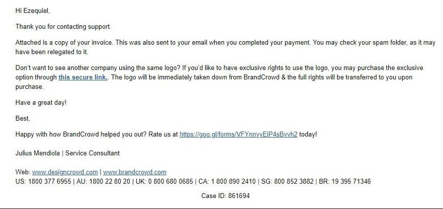A screenshot of a reply from a BrandCrowd's customer service agent