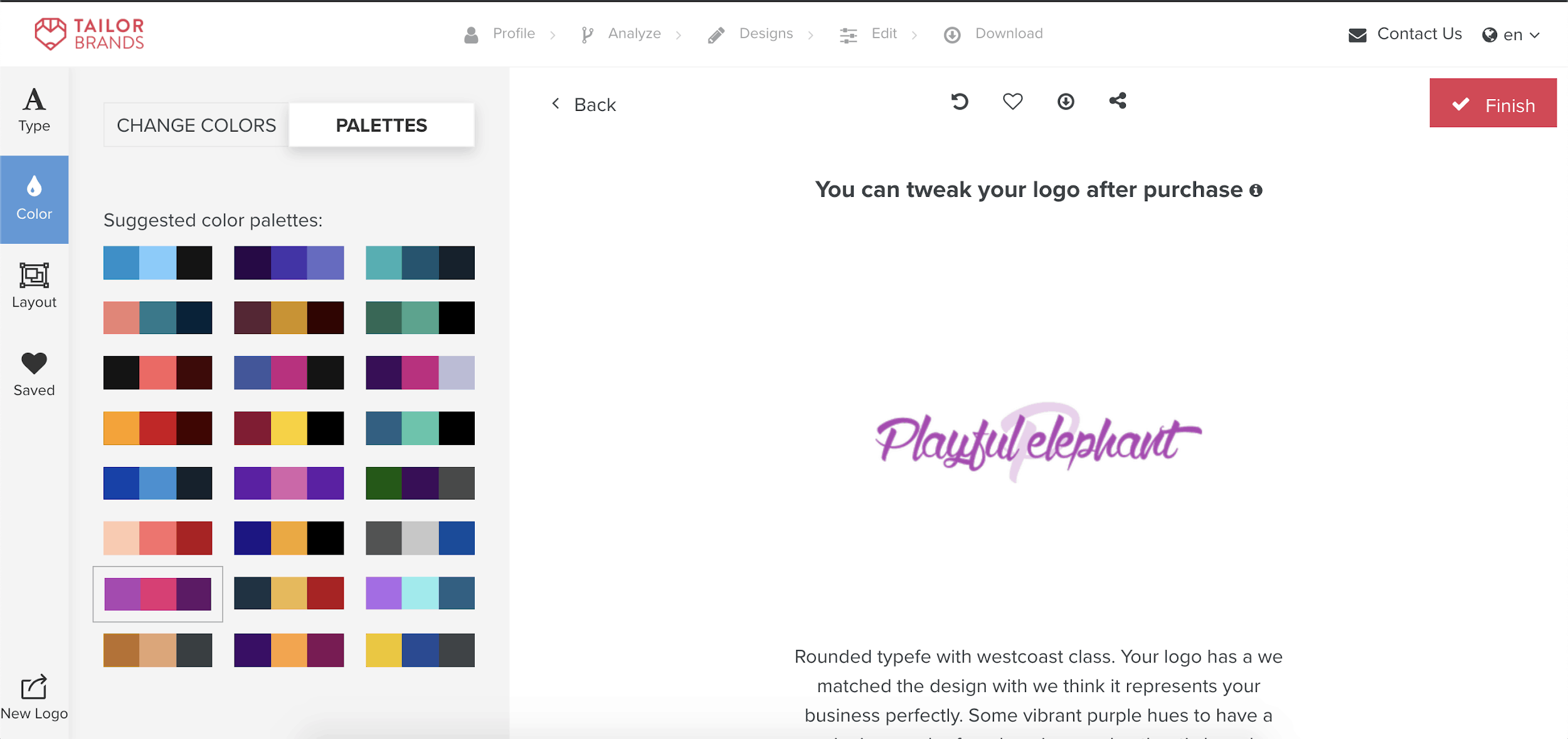 Tailor Brands screenshot - Color palettes