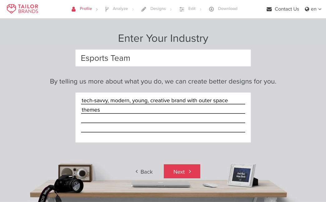 Tailor Brands screenshot - Enter Your industry