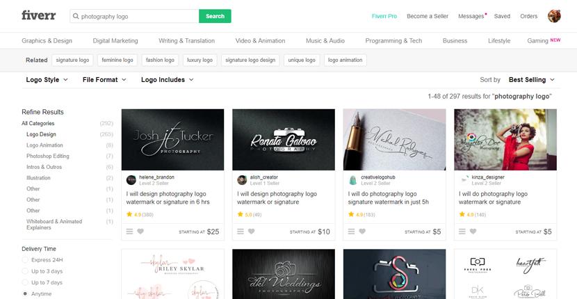 Fiverr screenshot - photography logo designers