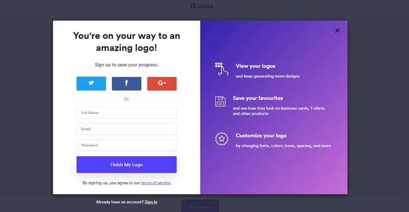 Looka screenshot - signup screen