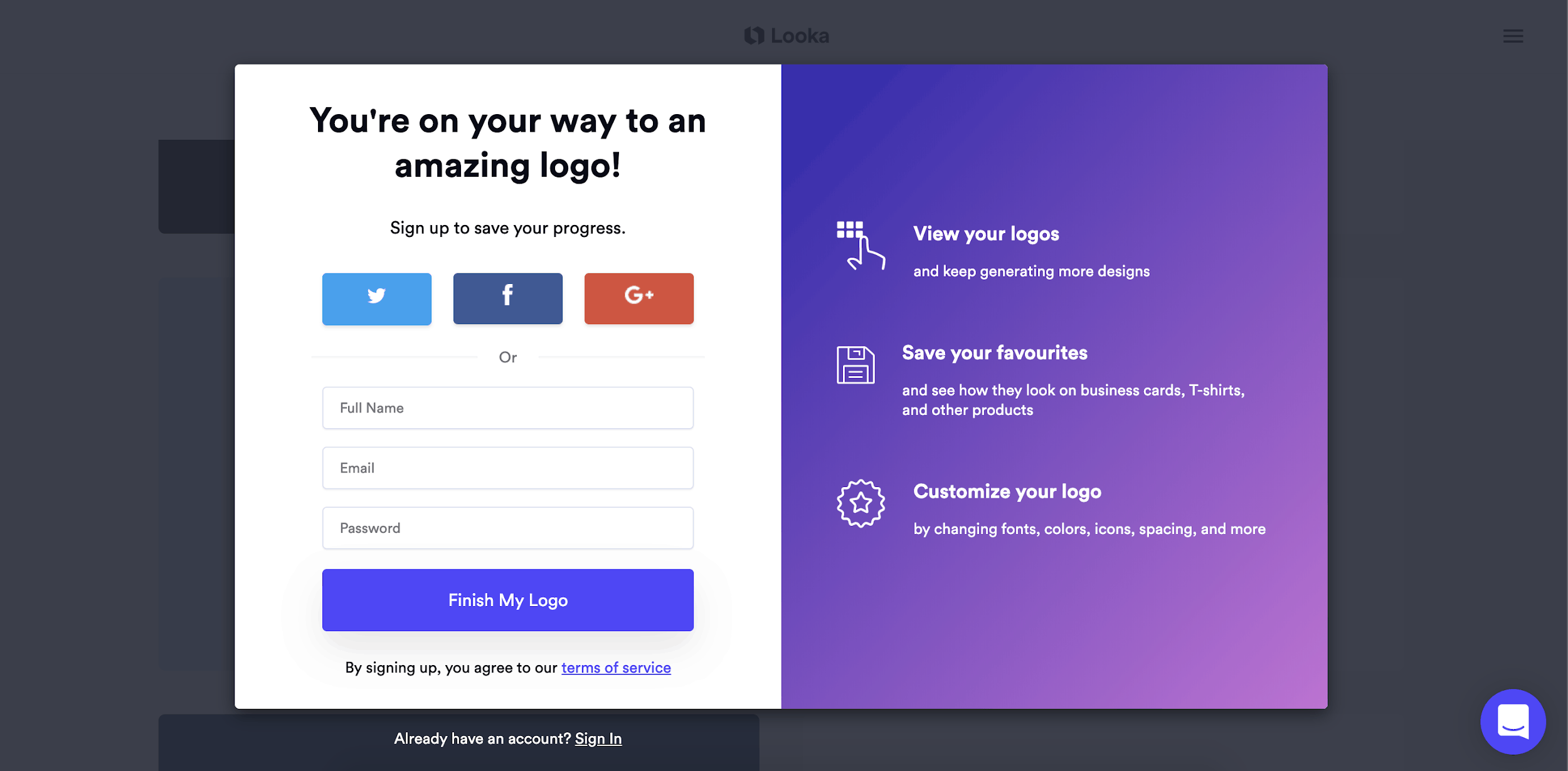 Looka screenshot - signup screen