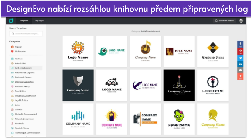 DesignEvo nabízí rozsáhlou knihovnu předem připravených logg