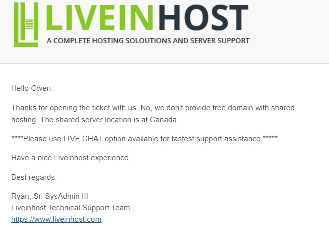 Liveinhost customer support reply