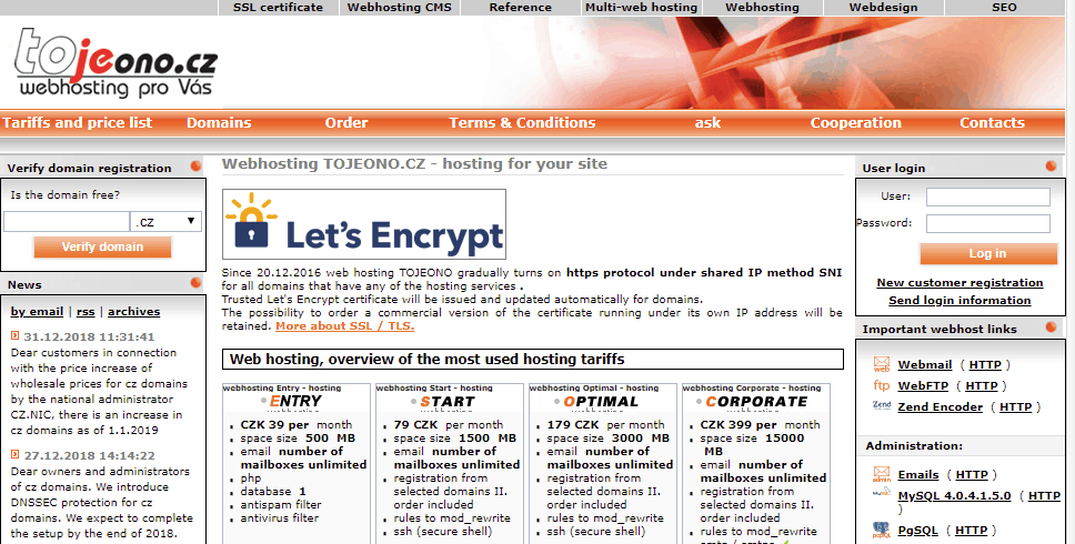 webhosting and domain registration WEBHOSTING TOJEONO CZ