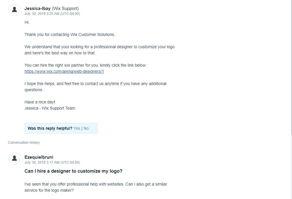 Wix customer support email screenshot