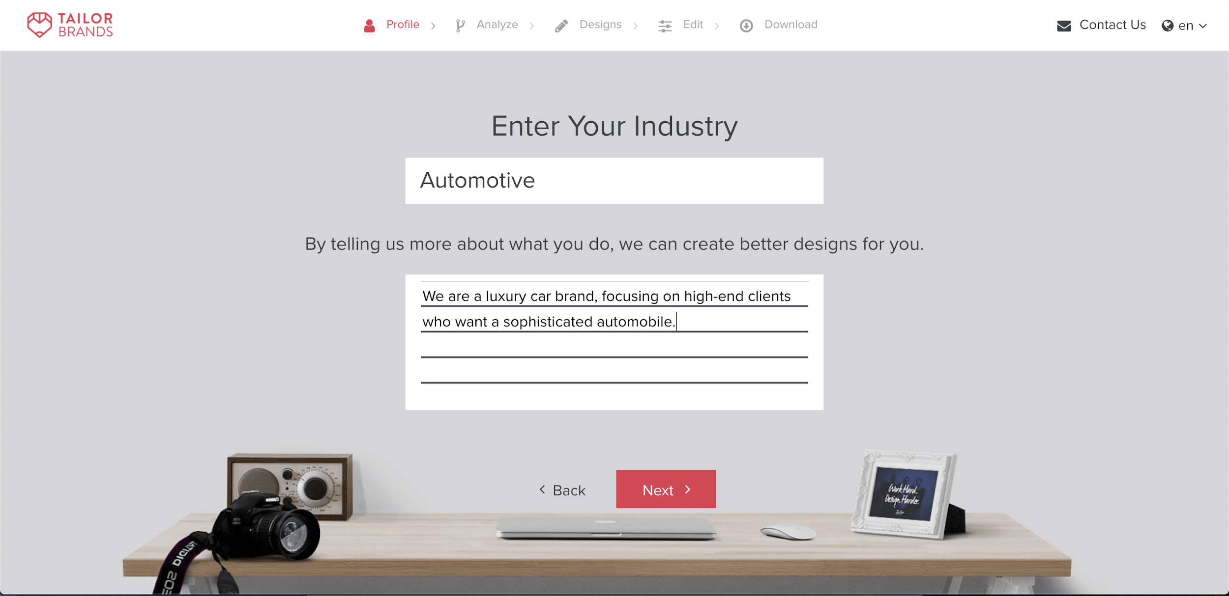 Tailor Brands screenshot - Enter your industry