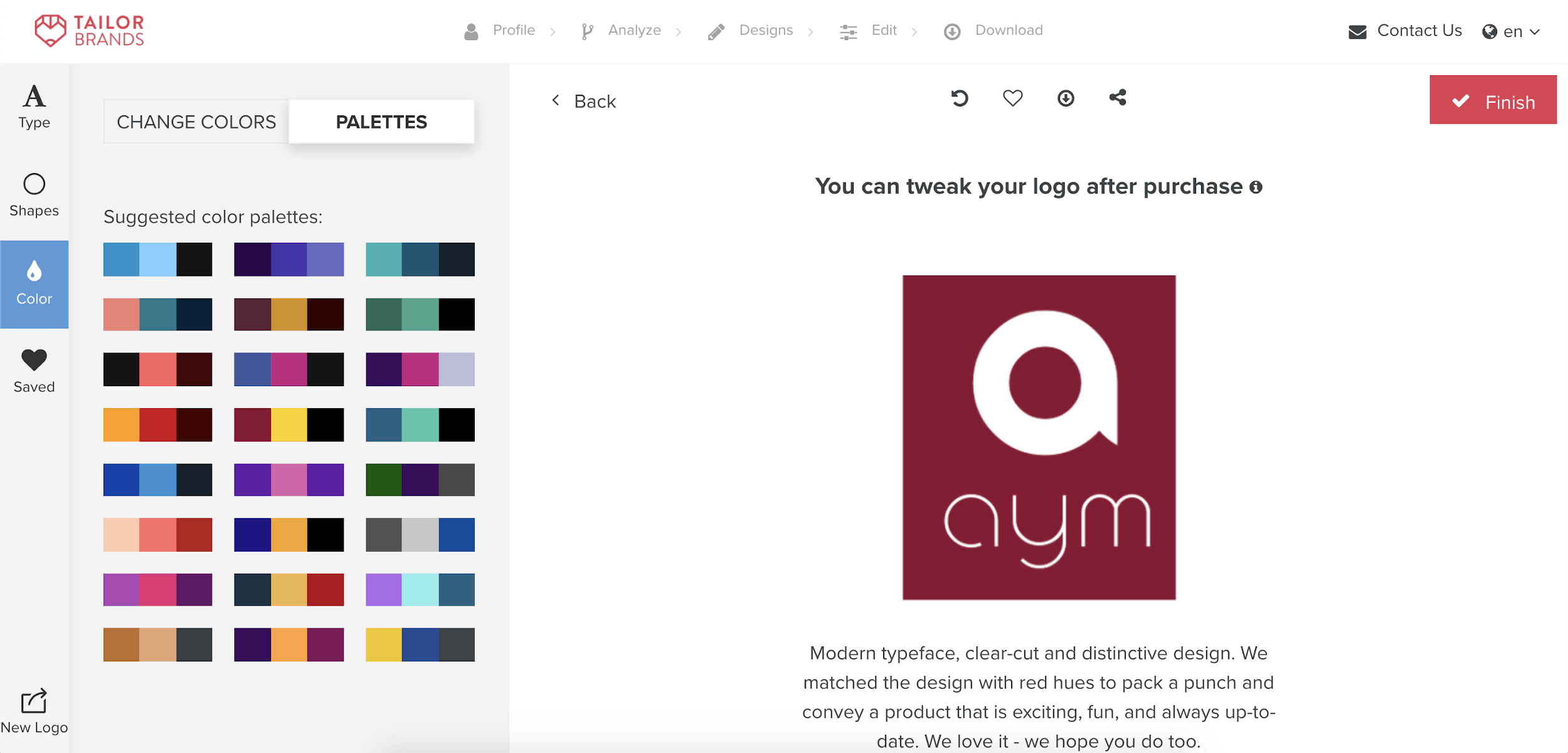 Tailor Brands screenshot - Color palettes