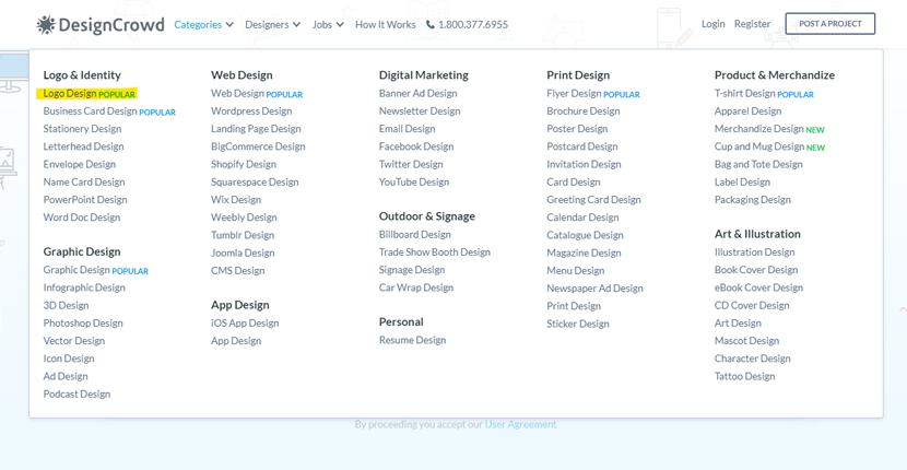 DesignCrowd screenshot - Design categories