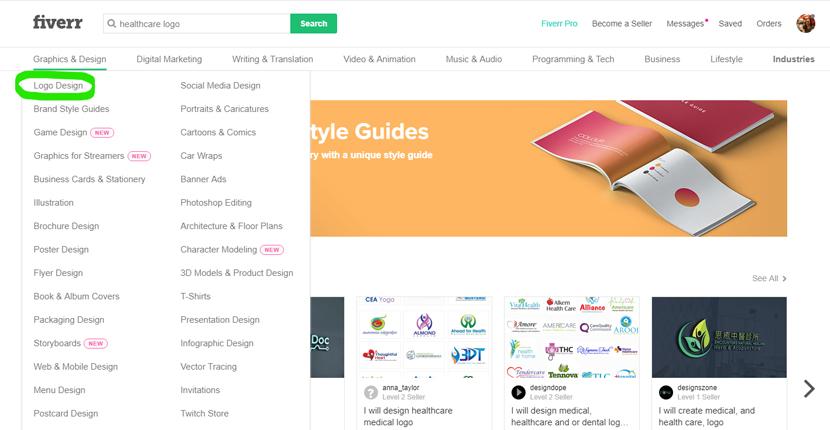 Fiverr screenshot - Design services menu