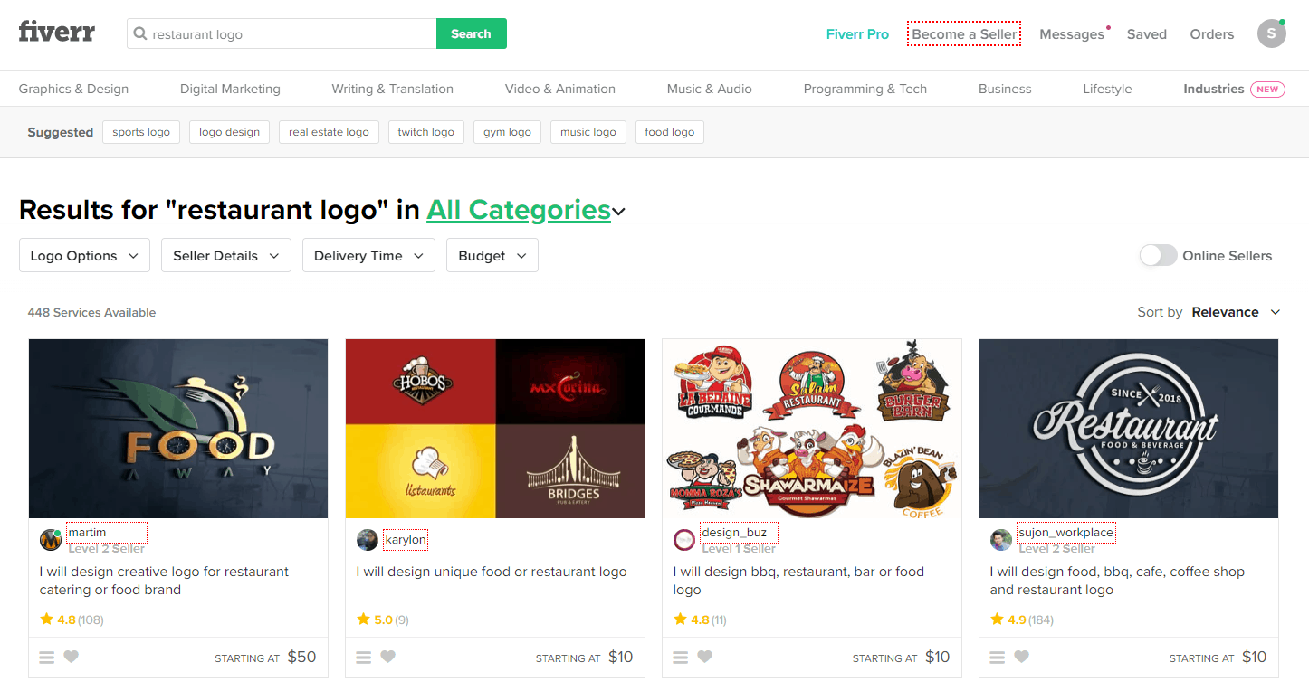 Fiverr screenshot - restaurant logo designers