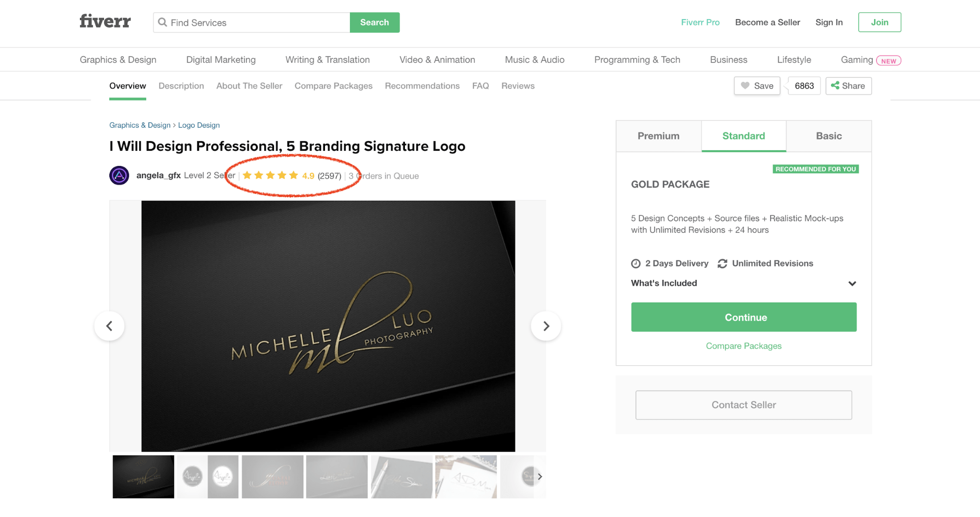 Fiverr screenshot - logo design gig details - 5-star rating