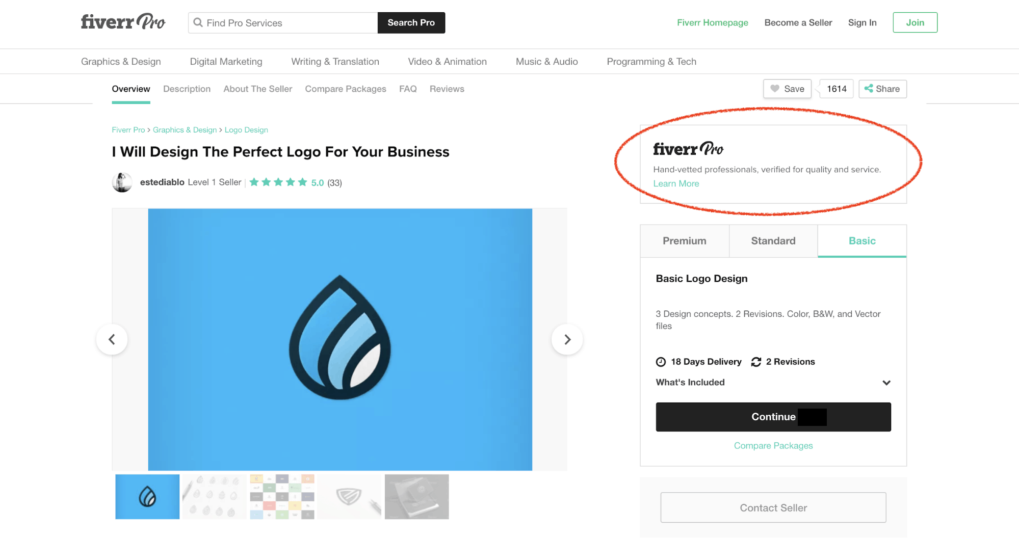 Fiverr screenshot - Pro seller logo design gig details