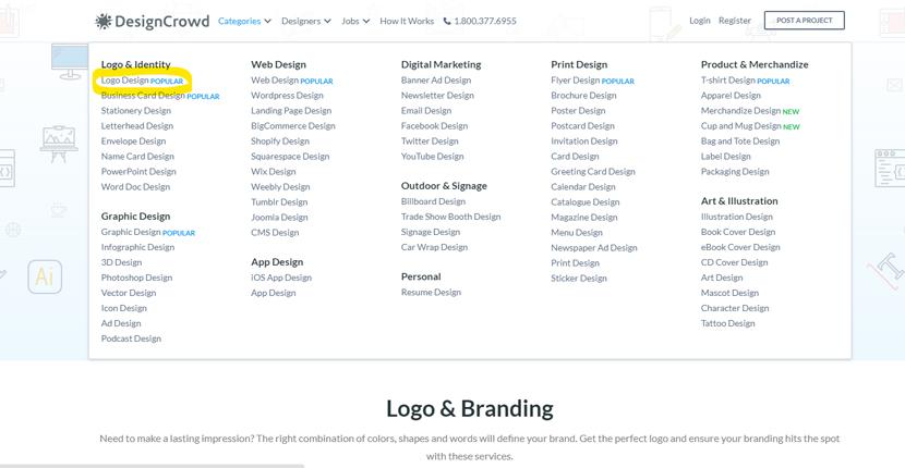 DesignCrowd screenshot - Categories