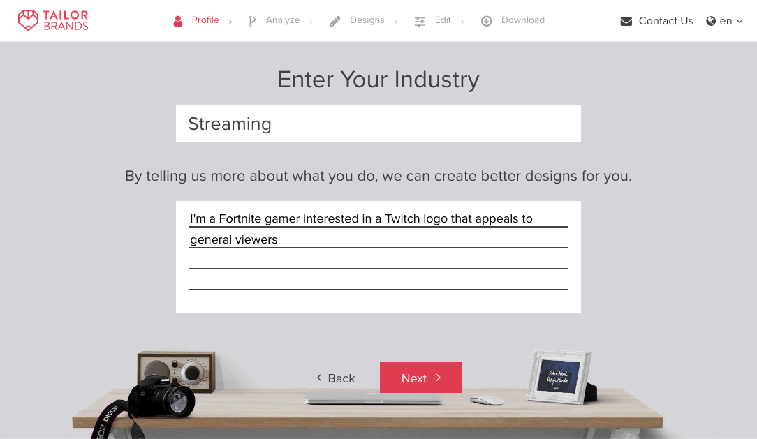 Tailor Brands screenshot - Enter your industry