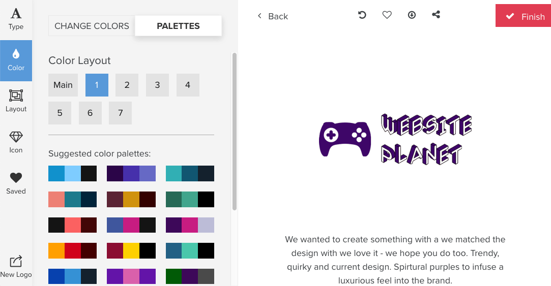 Tailor Brands screenshot - color palettes