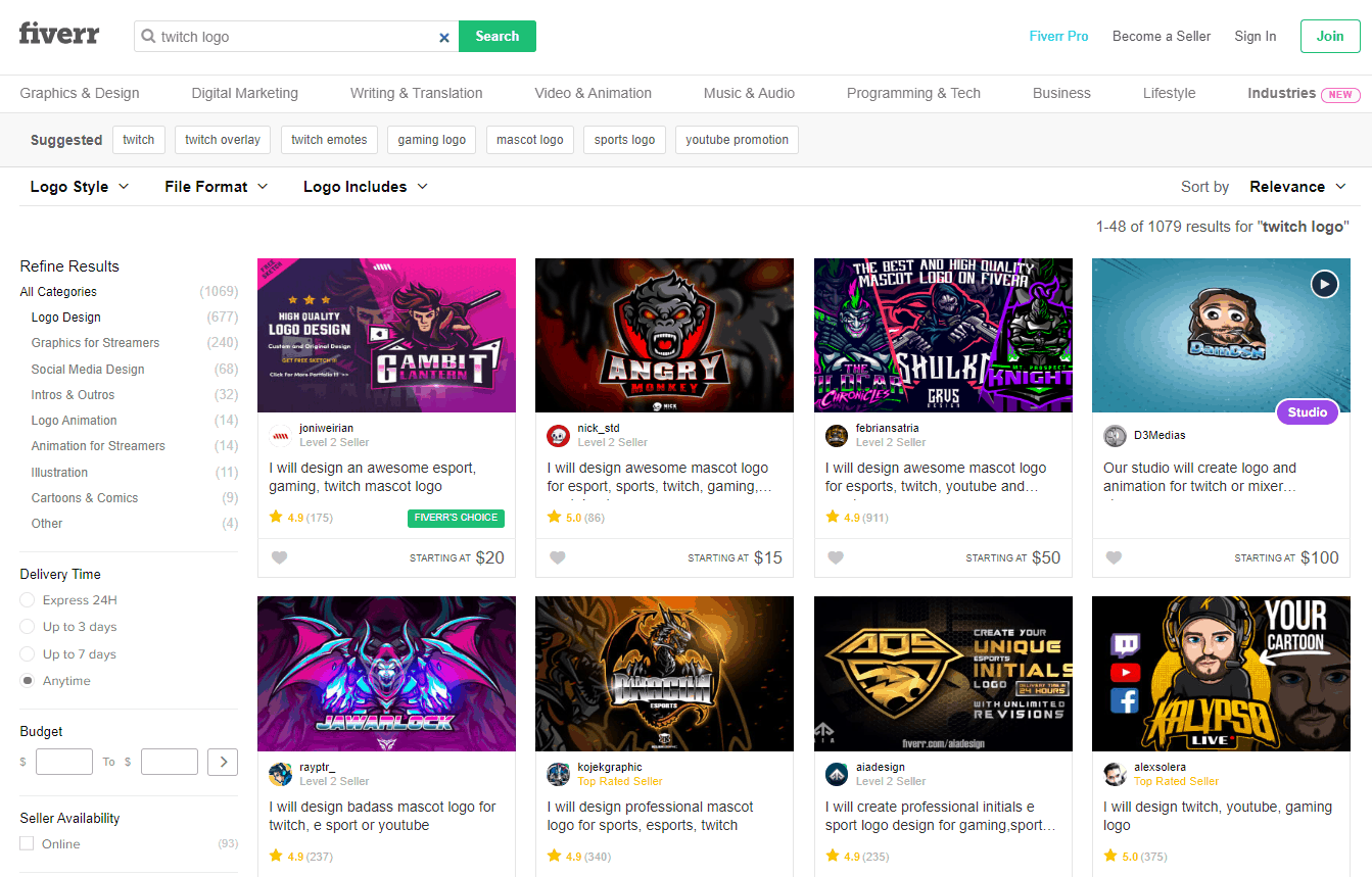 Fiverr screenshot - Twitch logo designers