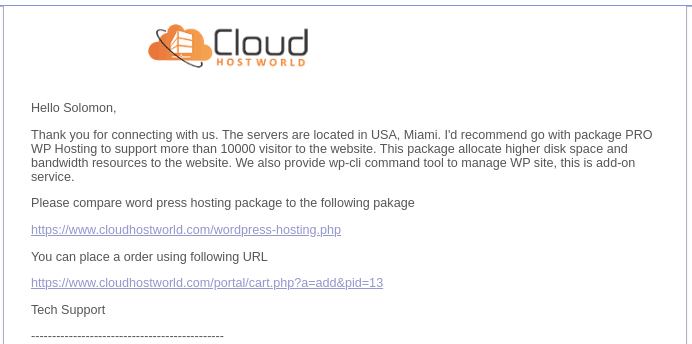 Cloud Host World email response