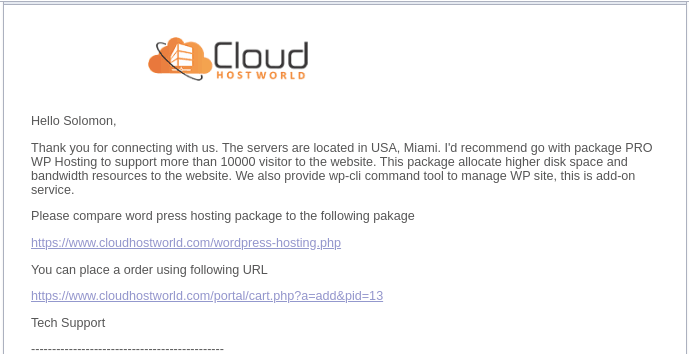 CloudHost email received