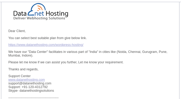 Datanet Hosting email reply