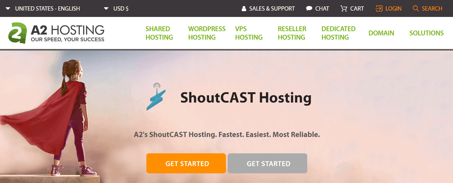 A2 Hosting's Shoutcast Hosting Landing Page