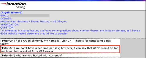 Inmotion Hosting customer service conversation about unlimited storage