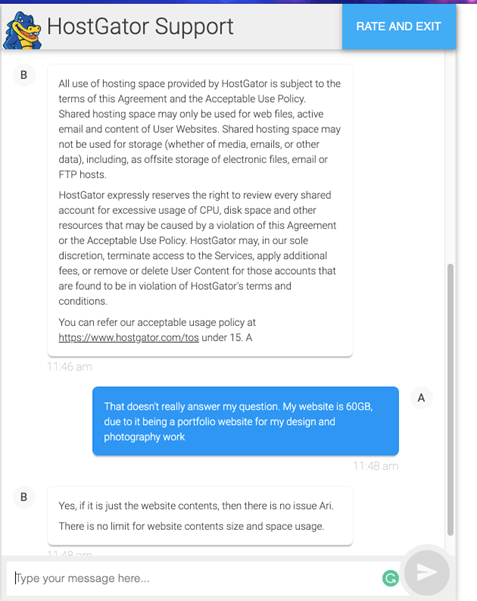 HostGator customer support conversation regarding unlimited storage