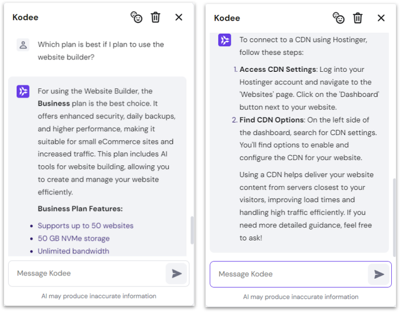 Hostinger Kodee AI assistant chat screens