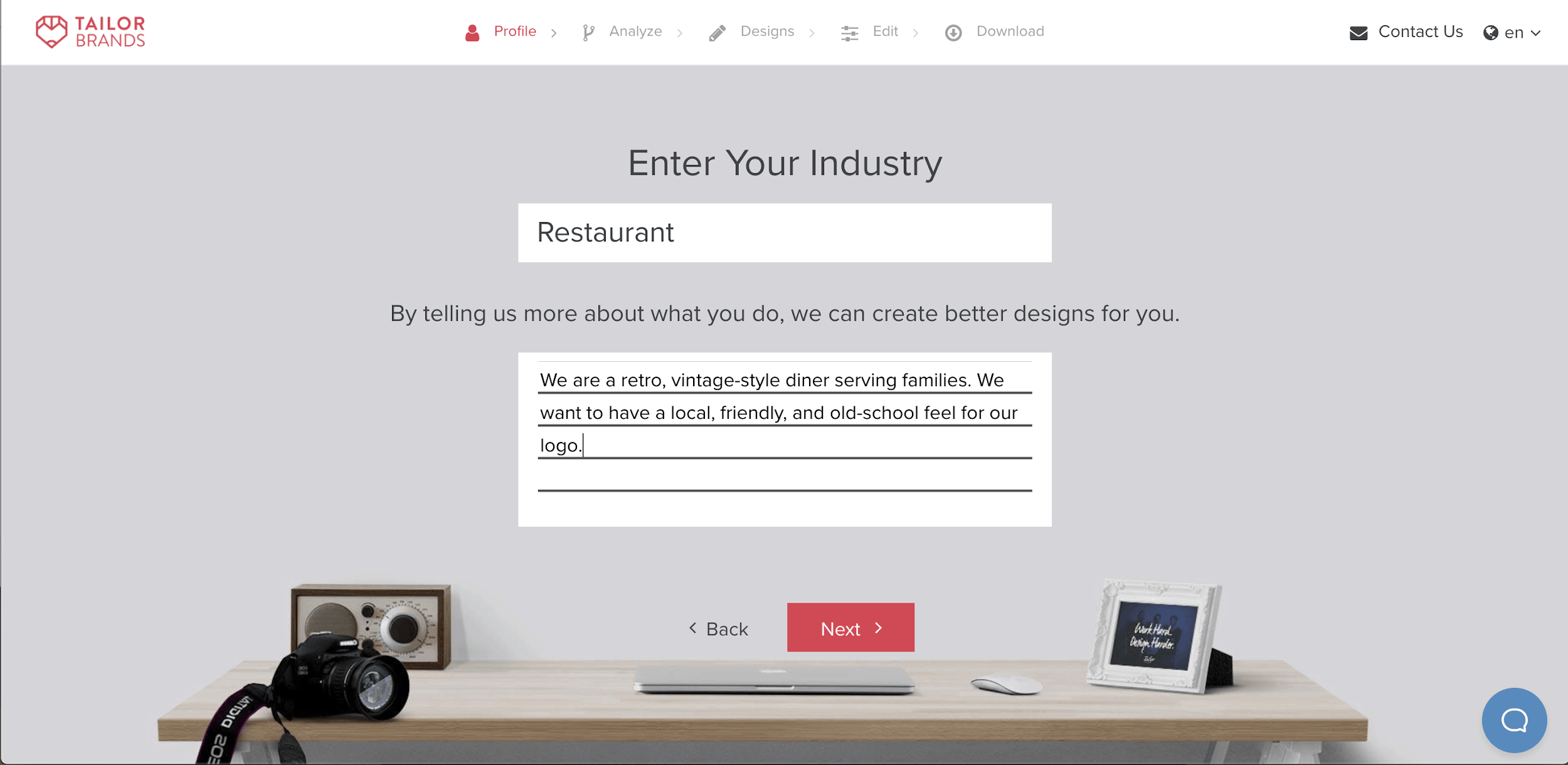 Tailor Brands screenshot - Enter your industry