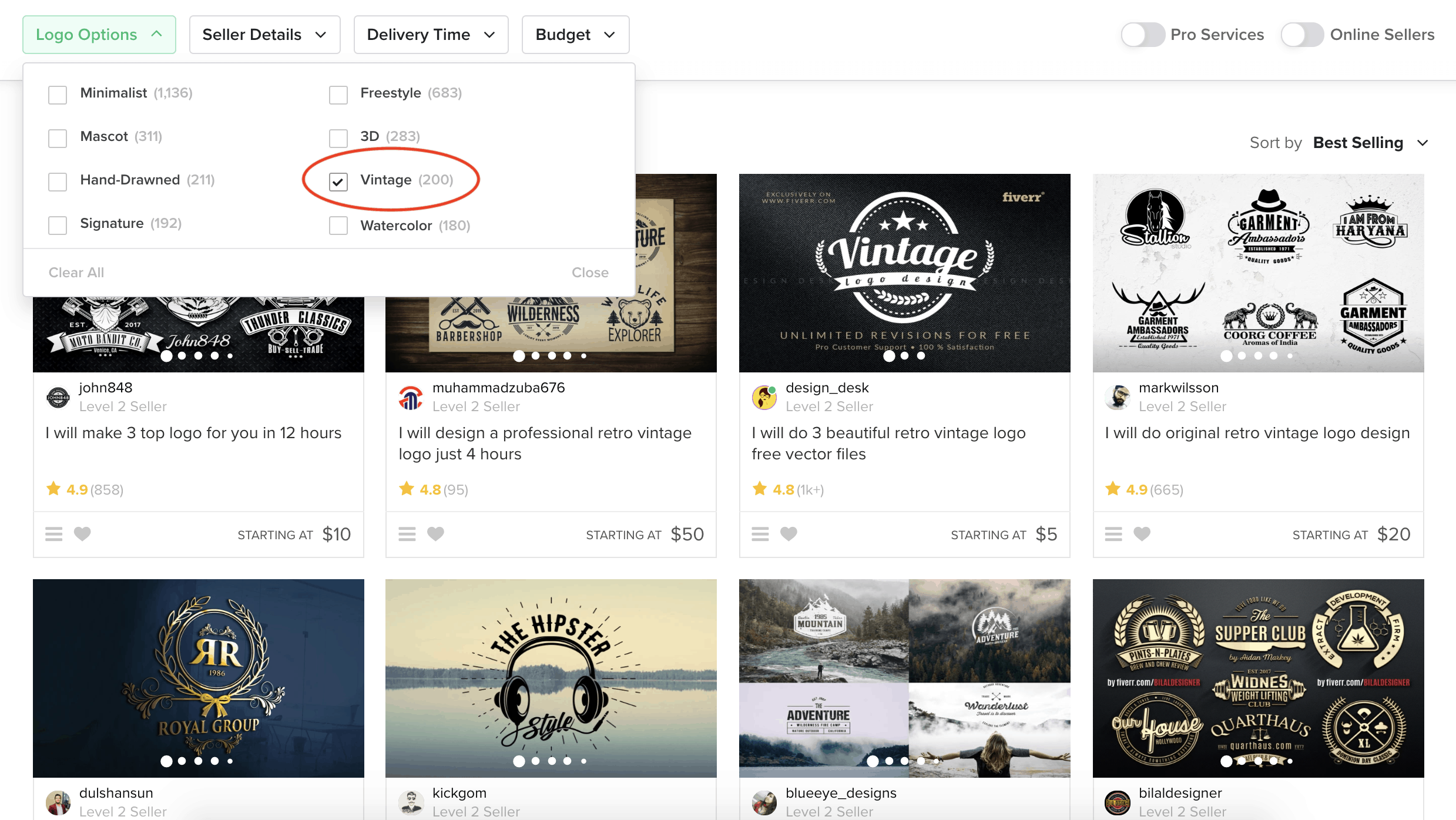 Fiverr screenshot - Vintage logo designers