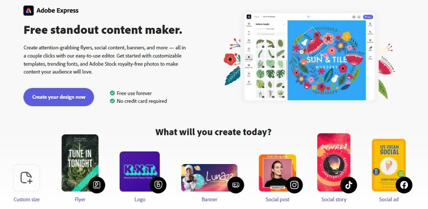 Adobe Express sign up page showing what you can create