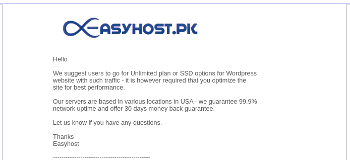 EasyHost email received