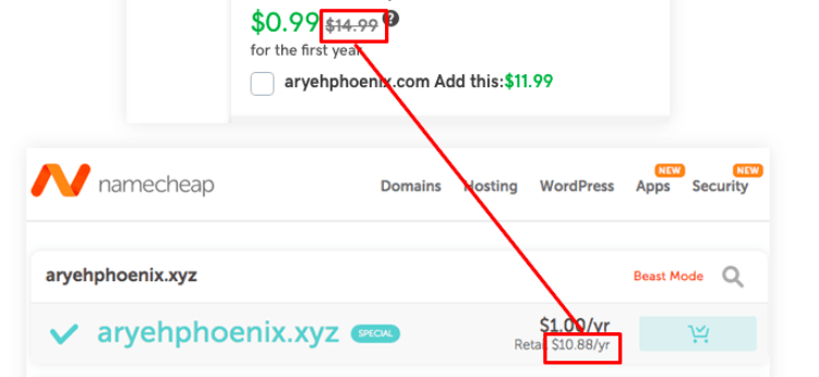 NameCheap domain renewal price