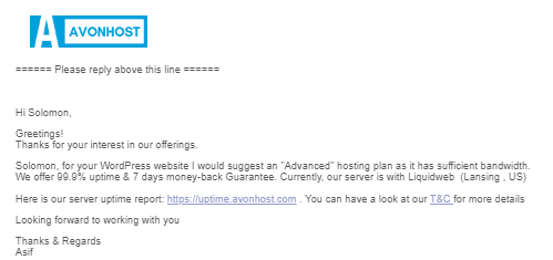 avonhost email recieved