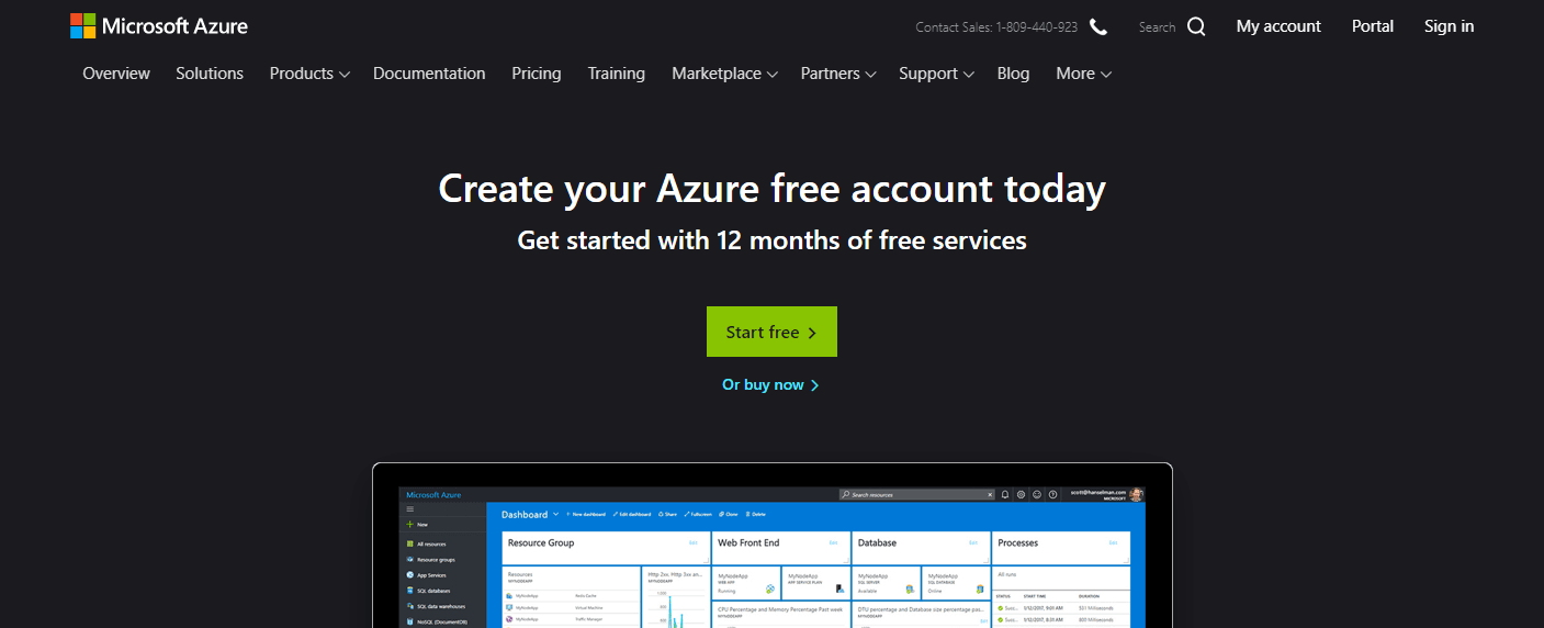 Startseite der Microsoft Azure-Website