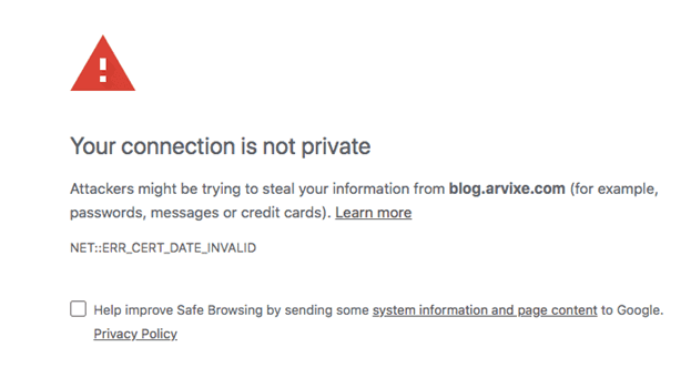 ‘Connection not private’ warning message for accessing Arvixe website