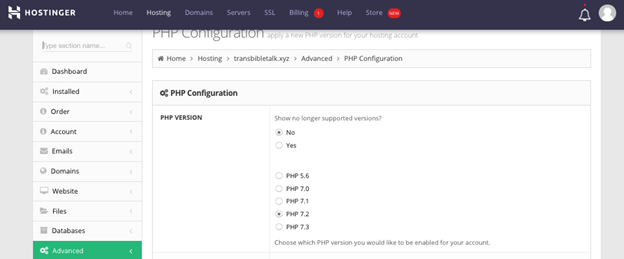 Screenshot of PHP configuration on Hostinger