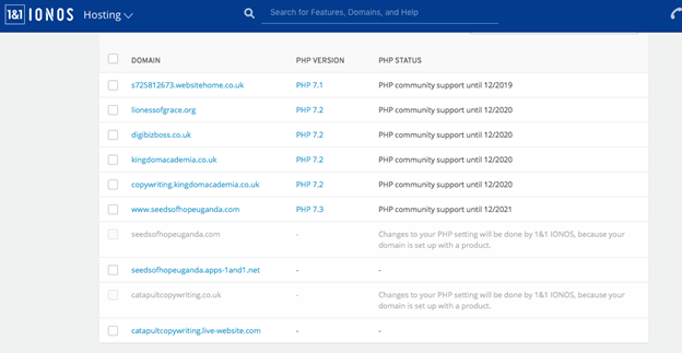 Screenshot of PHP support on 1&1 IONOS hosting