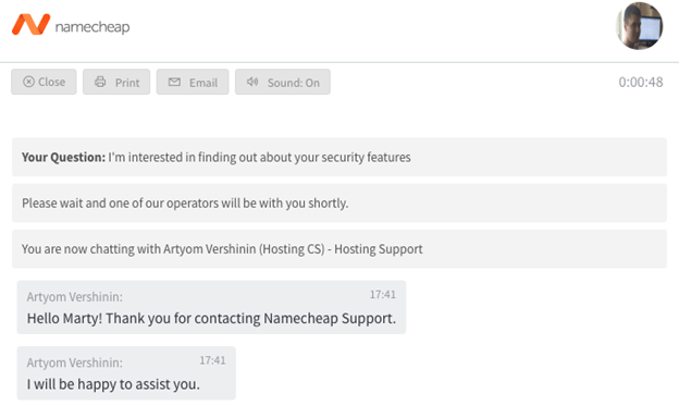 Live online chat conversation with Namecheap support team