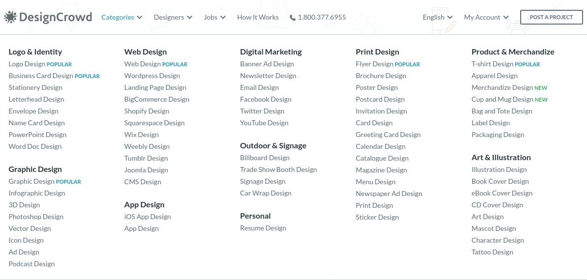 DesignCrowd screenshot - design categories
