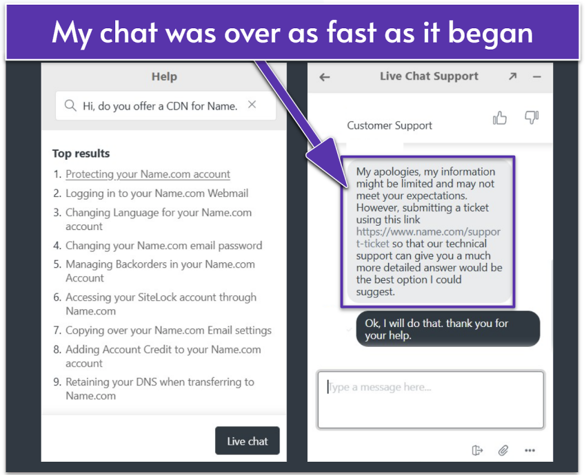 Name.com live chat support interaction