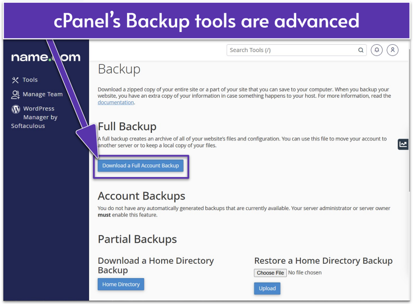 cPanel backup tool window