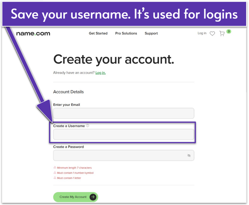 Name.com Create your account page