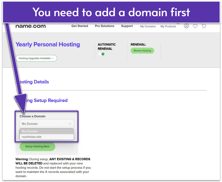 Name.com Hosting Setup page